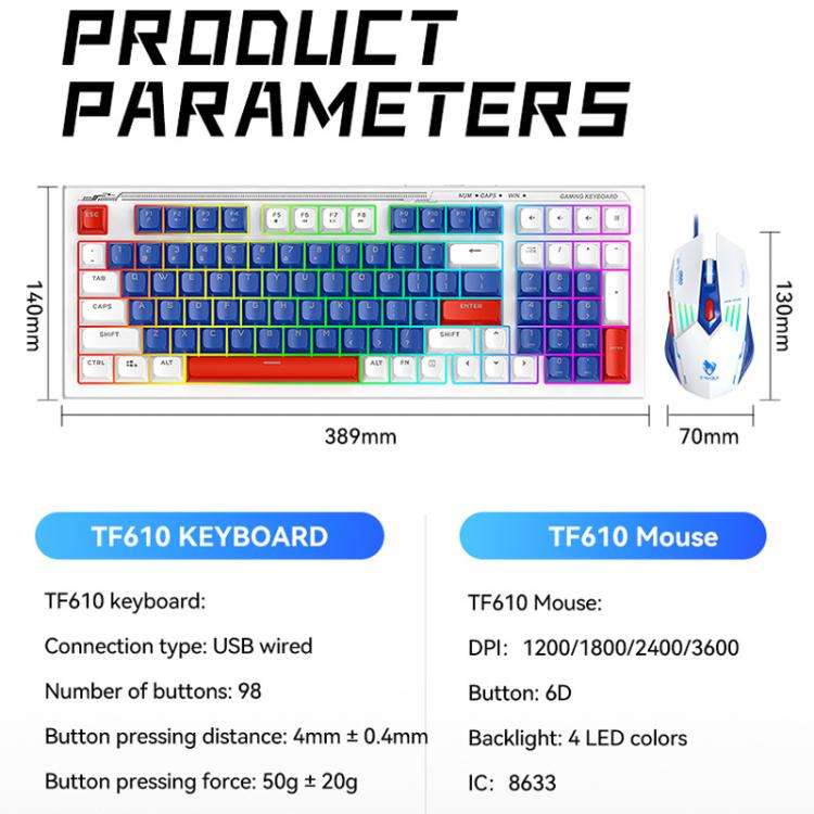 T-WOLF  TF610 USB-C/Type-C Wired 98 Keys Keyboard and Mouse Combo Dual-Tone Keycaps Gaming Set(Wh...
