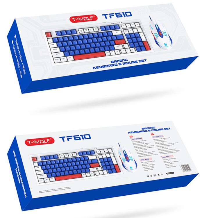 T-WOLF  TF610 USB-C/Type-C Wired 98 Keys Keyboard and Mouse Combo Dual-Tone Keycaps Gaming Set(Wh...
