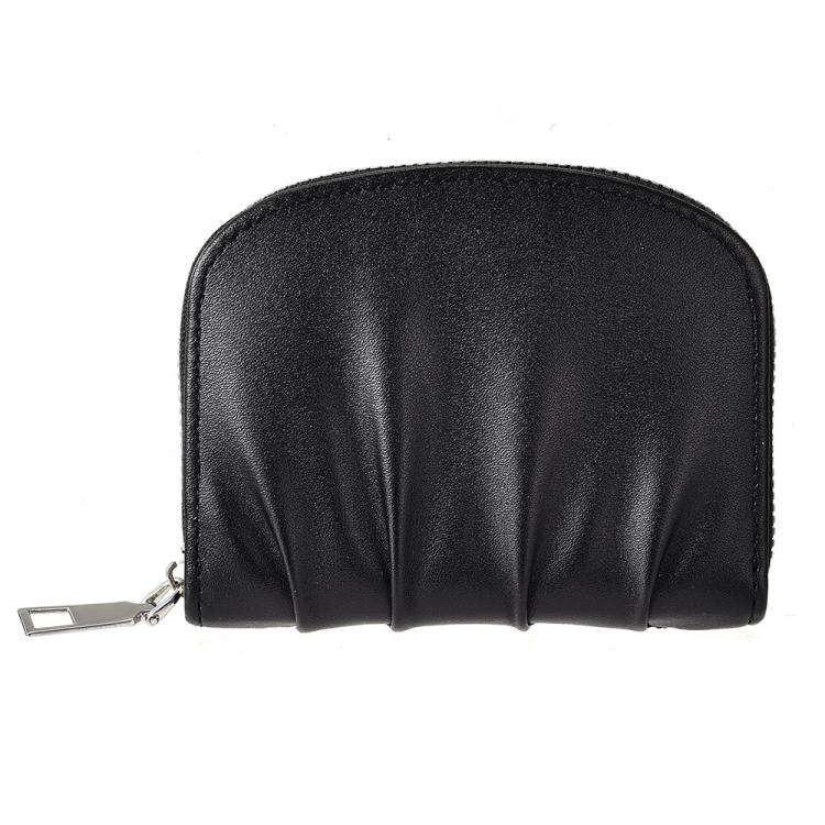Women Wallet Pleated Sense PU Zipper Short Wallet Simple Solid Color Coin Purse(Black)