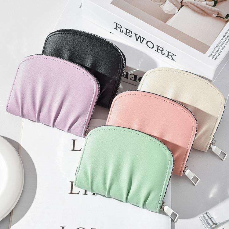 Women Wallet Pleated Sense PU Zipper Short Wallet Simple Solid Color Coin Purse(Beige)