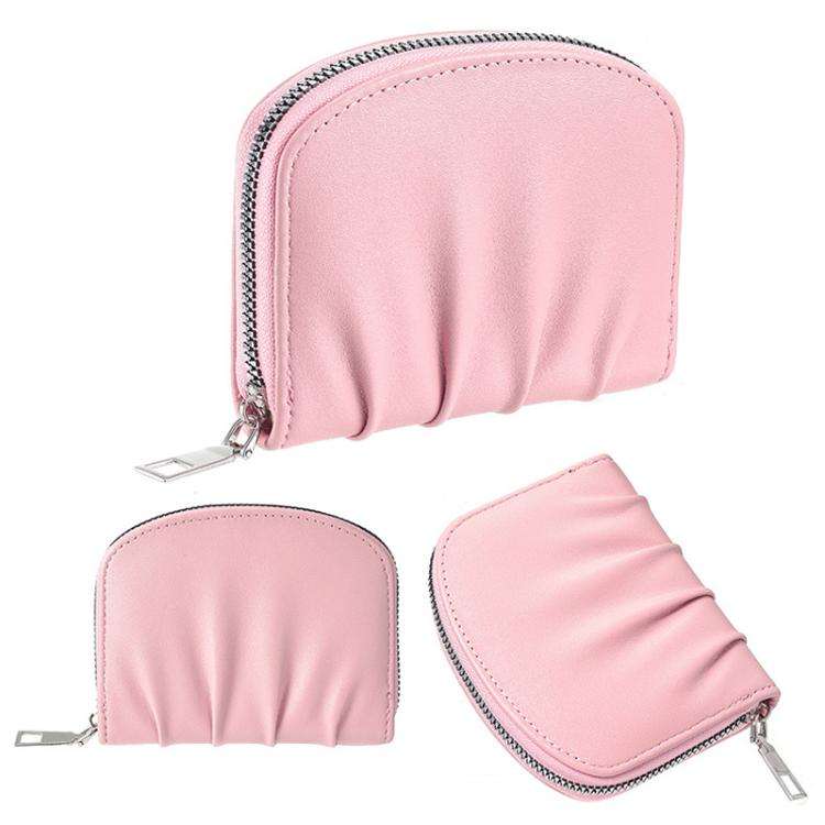 Women Wallet Pleated Sense PU Zipper Short Wallet Simple Solid Color Coin Purse(Black)