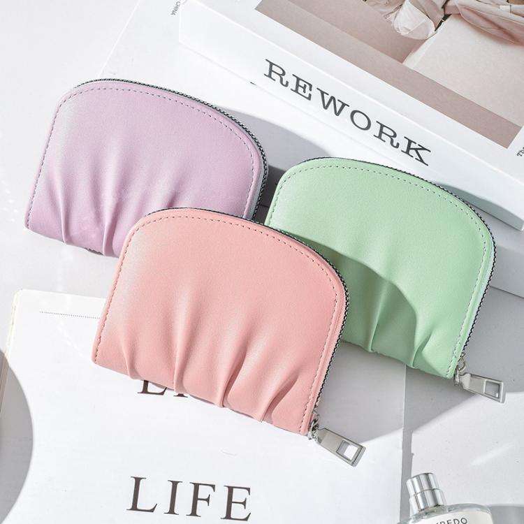 Women Wallet Pleated Sense PU Zipper Short Wallet Simple Solid Color Coin Purse(Black)