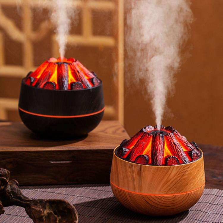 Simulated Charcoal Fire Ambient Night Light Humidifier USB Large Mist Flame Humidifier(Light Wood...