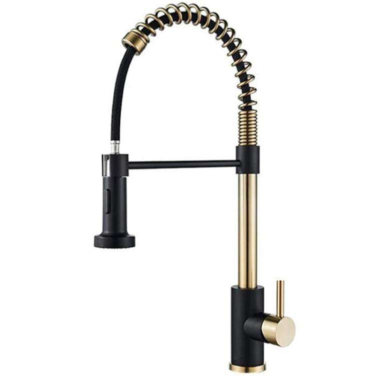 Kitchen Pull Down Spring Faucet Dual Mode Water Outlet Hot/Cold Water Mixer Tap(Black + Gold)