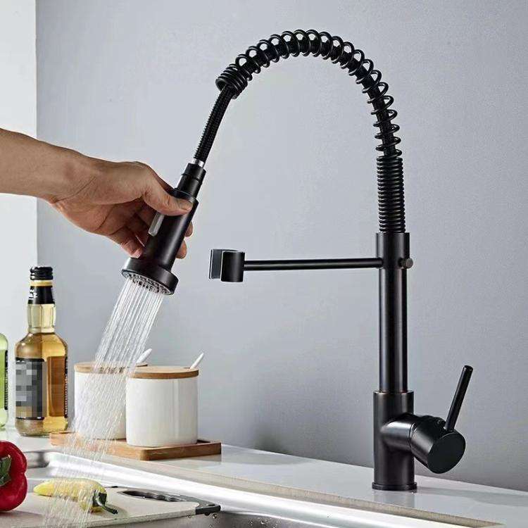 Kitchen Pull Down Spring Faucet Dual Mode Water Outlet Hot/Cold Water Mixer Tap(Black + Gold)