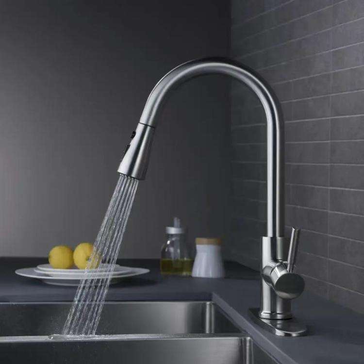 Pull-Out 3 Modes Kitchen Faucet Hot/Cold Water Mixer Tap With Base(Brushed Silver)