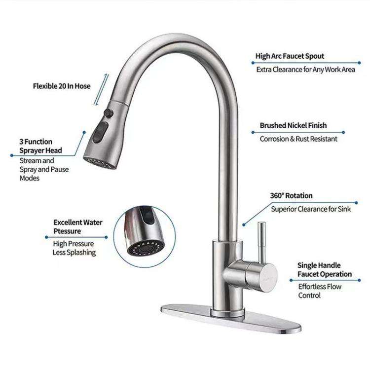 Pull-Out 3 Modes Kitchen Faucet Hot/Cold Water Mixer Tap With Base(Brushed Silver)