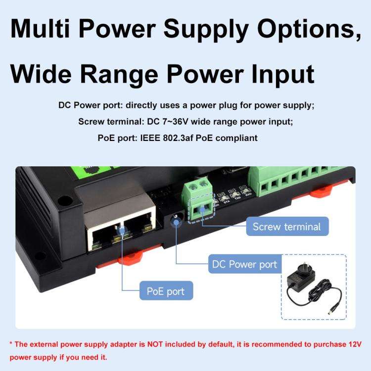 Waveshare Industrial Dual Ethernet Ports 8-ch Relay Module(C), PoE Power Supply(30544)