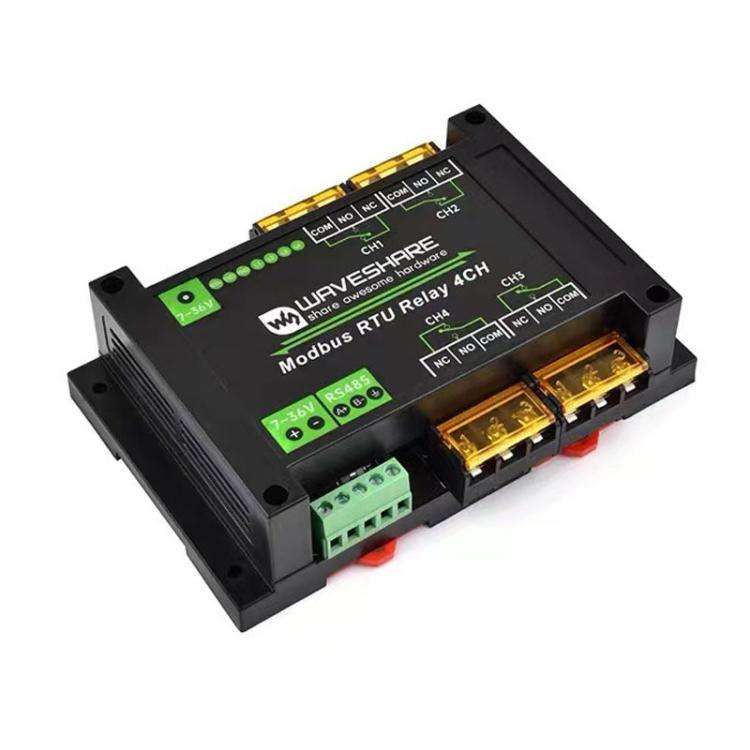 Waveshare Guide-Type 4-Way RS485 High-Current Relay Module, Modbus RTU Protocol(30461)