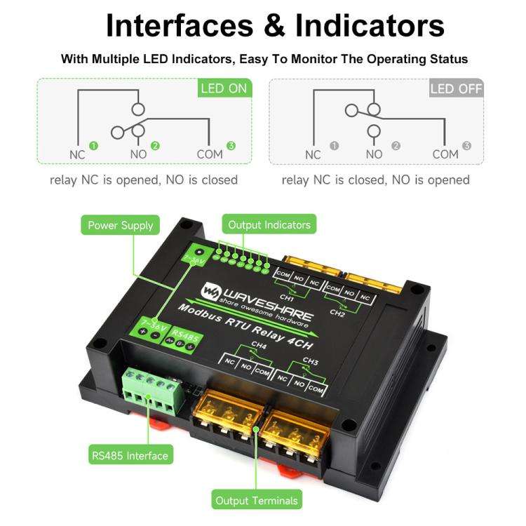 Waveshare Guide-Type 4-Way RS485 High-Current Relay Module, Modbus RTU Protocol(30461)