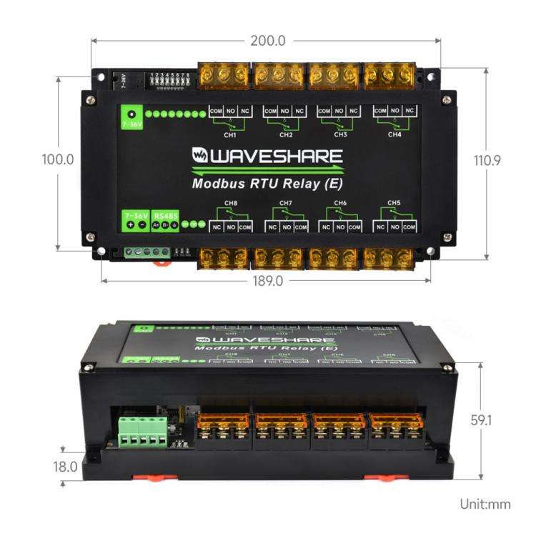 Waveshare Modbus RTU Protocol Rail-Mounted Case 8-Way RS485 30A High-Current Relay Module(30459)