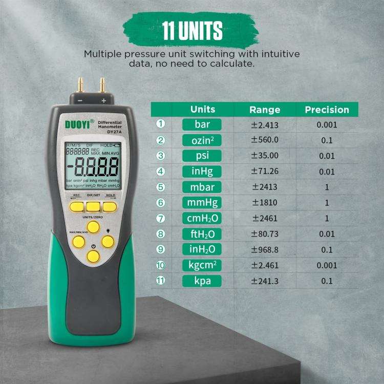 DUOYI Digital Brake Vacuum Pump Measuring Gauge Differential Pressure Gauge(DY27A English)