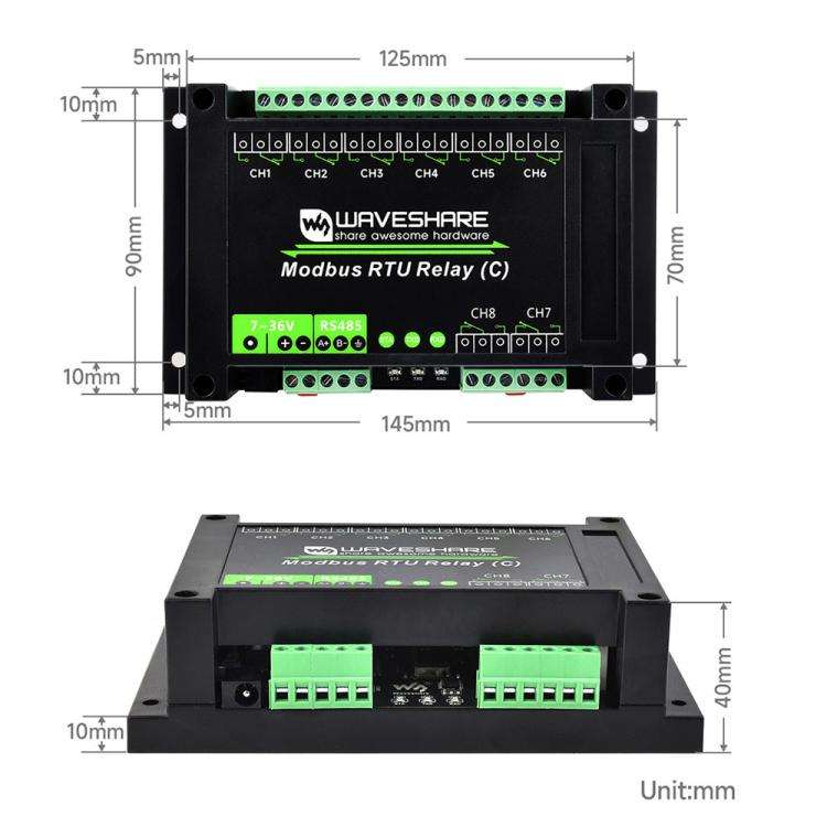 Waveshare Modbus RTU Protocol 8-Ch Latching Relay Module (C) With RS485 Interface(30460)
