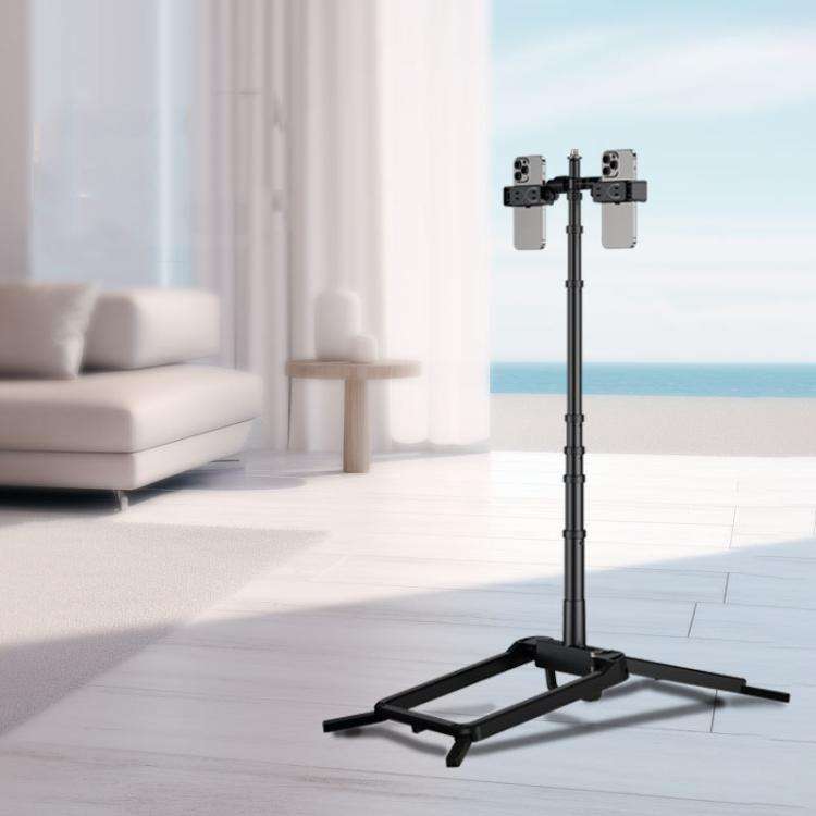 Adjustable 55-Inch Quadpod Live Streaming Phone Stand Foldable Tripod With Dual Phone Clip & 1/4 ...