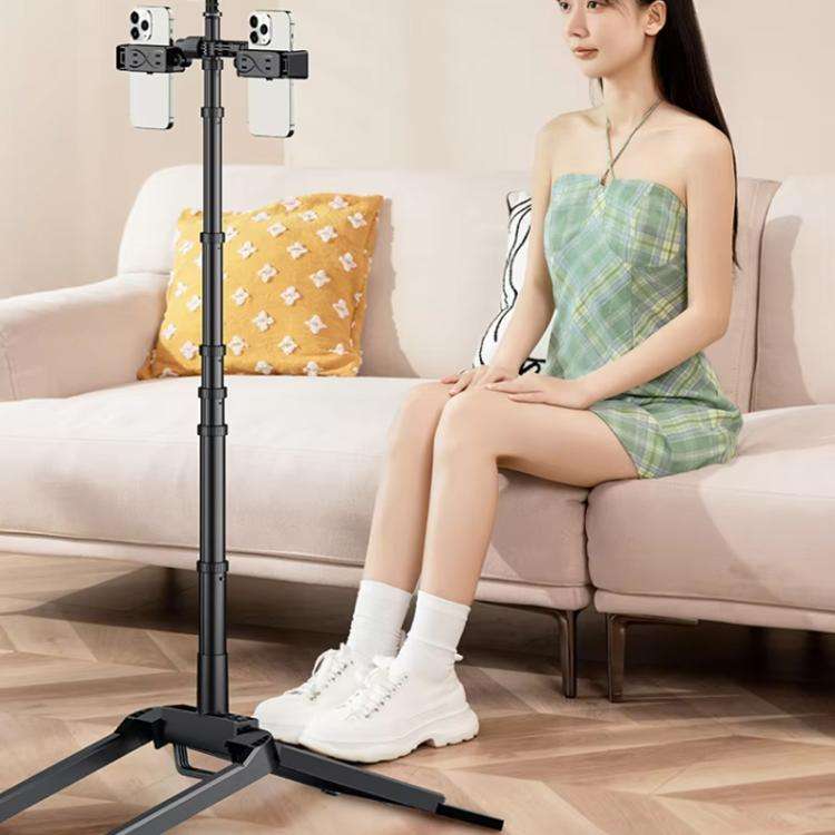 Adjustable 55-Inch Quadpod Live Streaming Phone Stand Foldable Tripod With Dual Phone Clip & 1/4 ...