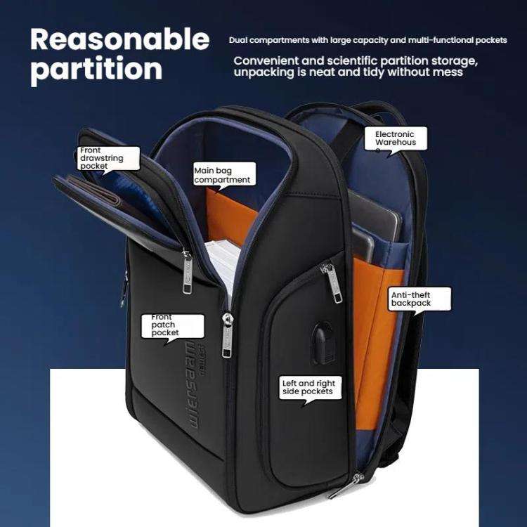 Wiersaam Men Waterproof Anti-Theft Business Backpack Travel Laptop Bag With USB Charging Port & P...