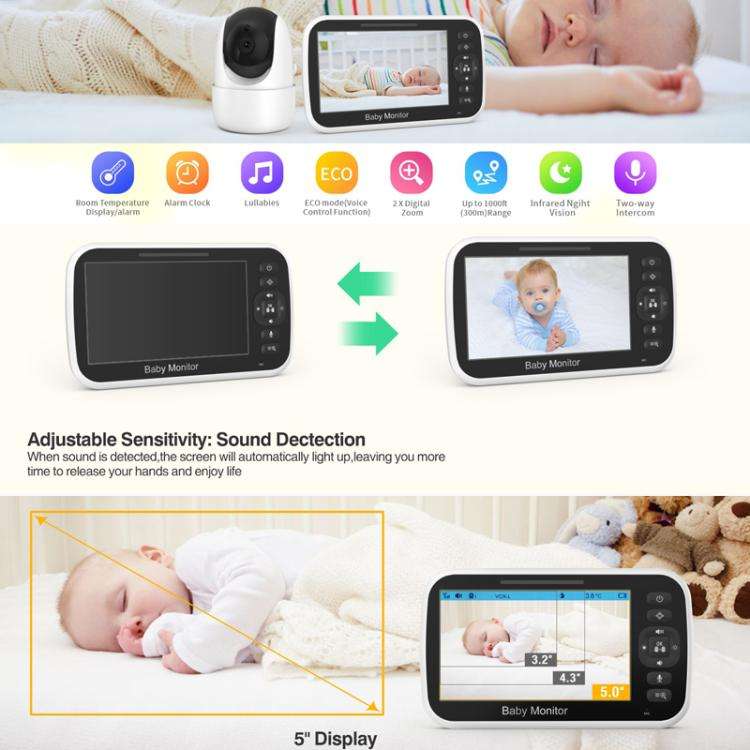5 inch LCD Screen Auto Night Vision Baby Monitor EU Plug