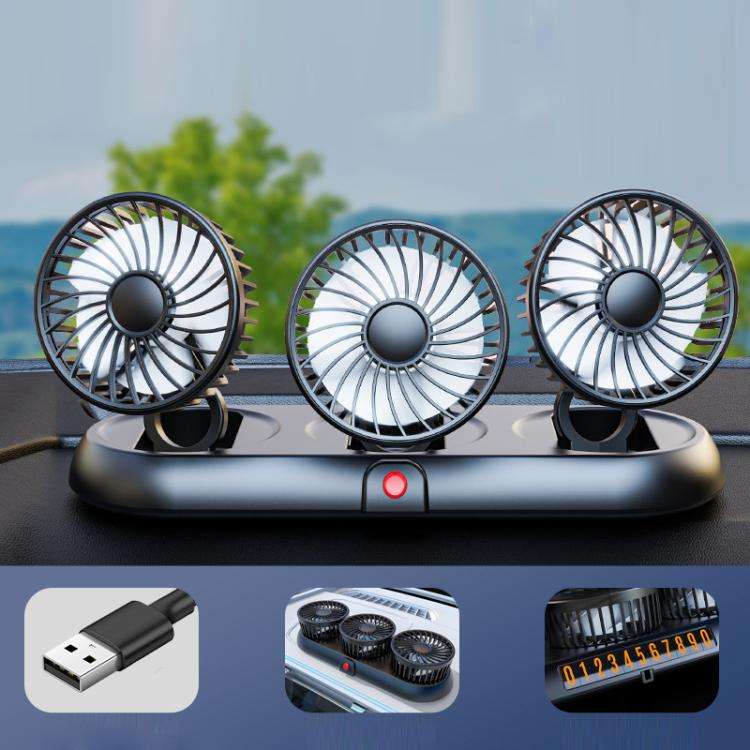 Car Three-head Adjustable Folding Multifunctional Fan With Number Plate(White 5V USB)
