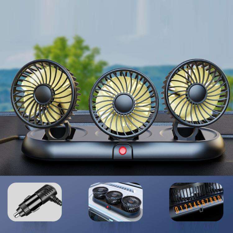 Car Three-head Adjustable Folding Multifunctional Fan With Number Plate(Yellow 12V Cigarette Ligh...