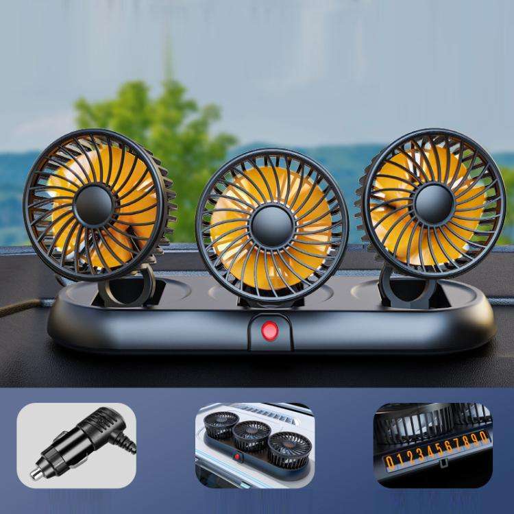 Car Three-head Adjustable Folding Multifunctional Fan With Number Plate(Orange 12V Cigarette Ligh...