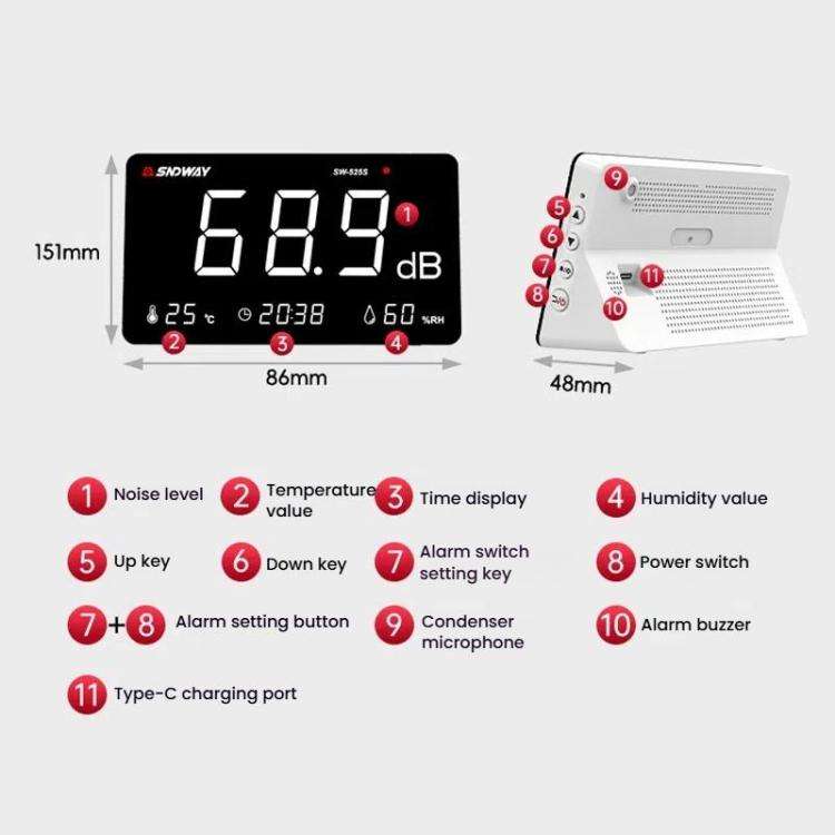SNDWAY SW-525S Desktop Noise Meter Temperature and Humidity Meter Decibel Meter Environmental Noi...