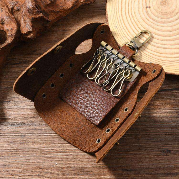 Clothing-Shaped Vintage Pebble Grain Leather Key Holder Keychain With Studded Design (Deep Brown)