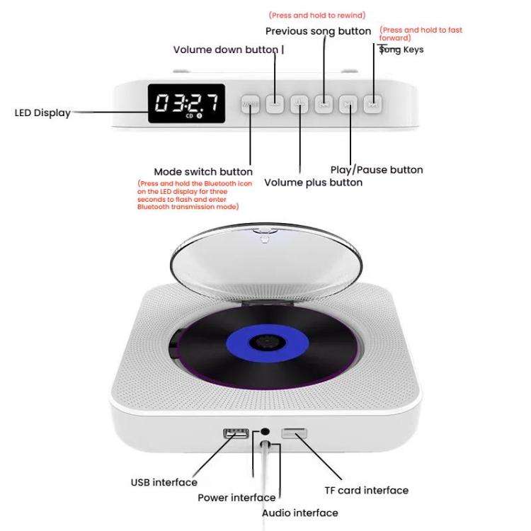 Kecag KC-807 Wall-mounted Home Retro Bluetooth CD Player, Spec: EU Plug(Black)