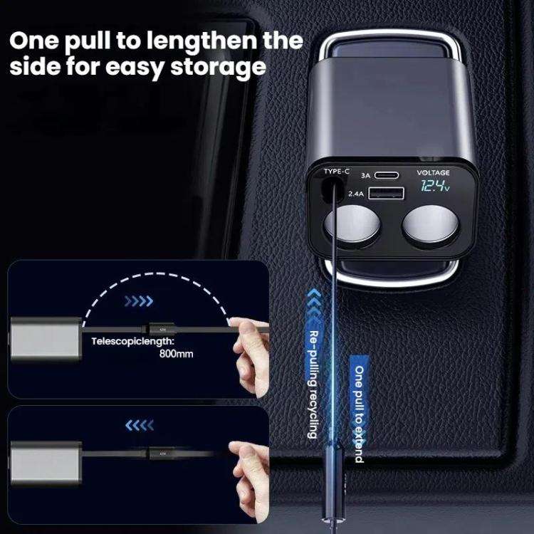 120W 1 To 2 Retractable USB Car Fast Charging Charger With Cigarette Lighter(8 Pin+TYPE-C)