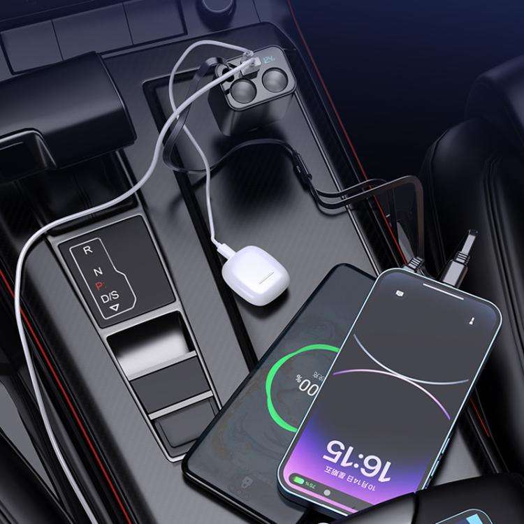 120W 1 To 2 Retractable USB Car Fast Charging Charger With Cigarette Lighter(8 Pin+TYPE-C)
