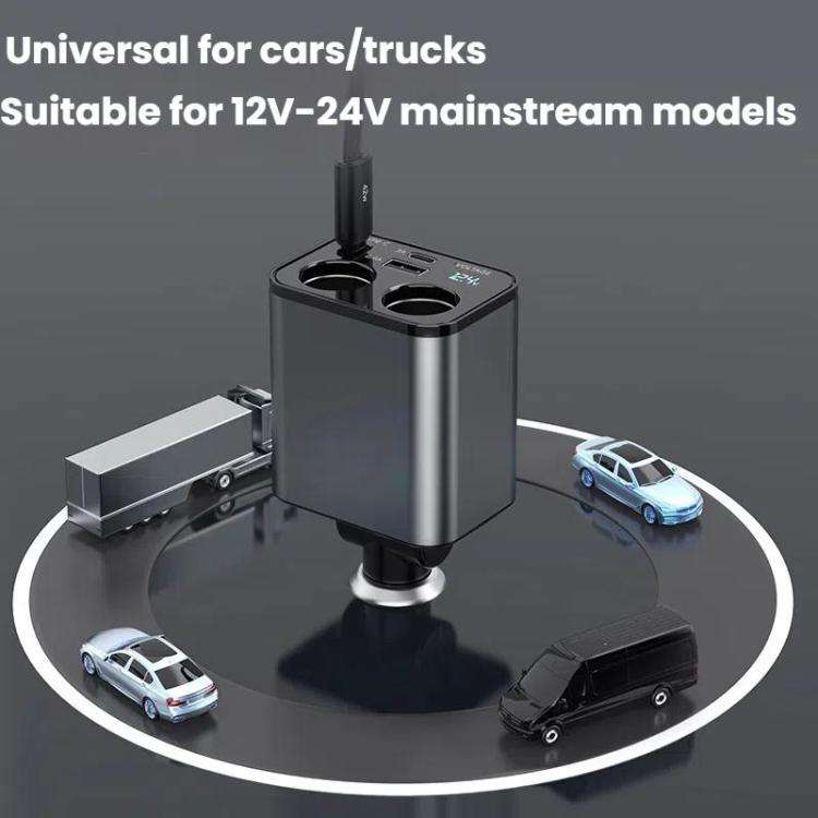 120W 1 To 2 Retractable USB Car Fast Charging Charger With Cigarette Lighter(8 Pin+TYPE-C)