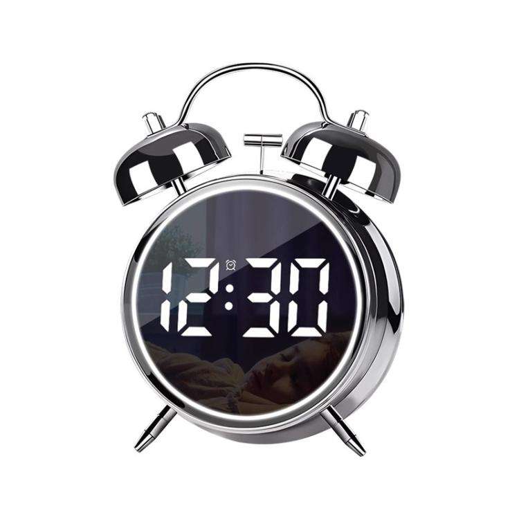 12/24H LED Screen Alarm Clock Loud Metal Clock With Night Light Plug-In Children Clock(Silver)