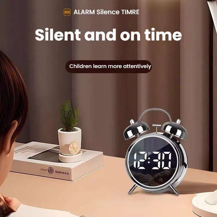 12/24H LED Screen Alarm Clock Loud Metal Clock With Night Light Plug-In Children Clock(White)