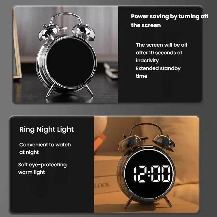 12/24H LED Screen Alarm Clock Loud Metal Clock With Night Light Plug-In Children Clock(Silver)