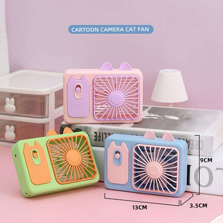 Cute Cartoon Kitten Camera Handheld Large Wind Rechargeable Fan With Stand Desktop Fan(Purple)