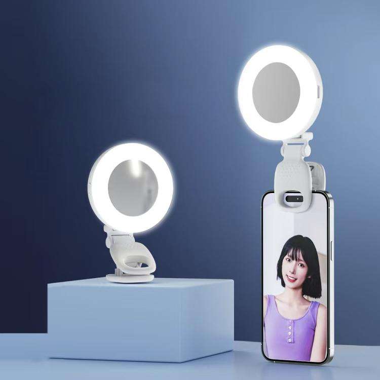 Clip-On Selfie Ring Light with Mirror Rechargeable Portable Makeup Light 3 Adjustable Color Tempe...