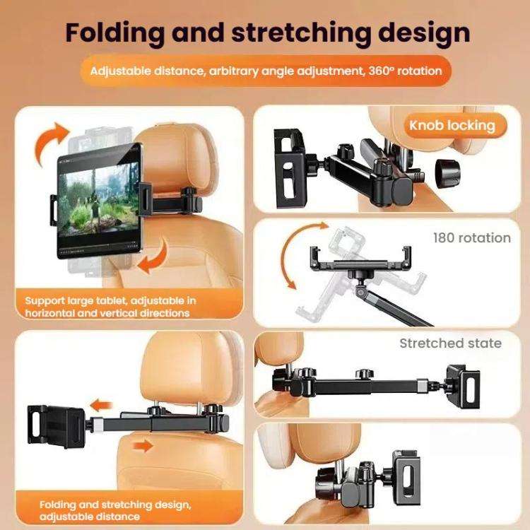 Telescopic Car Rear Pillow Phone Tablet Holder 2-section Folding Headrest Bracket(Black)