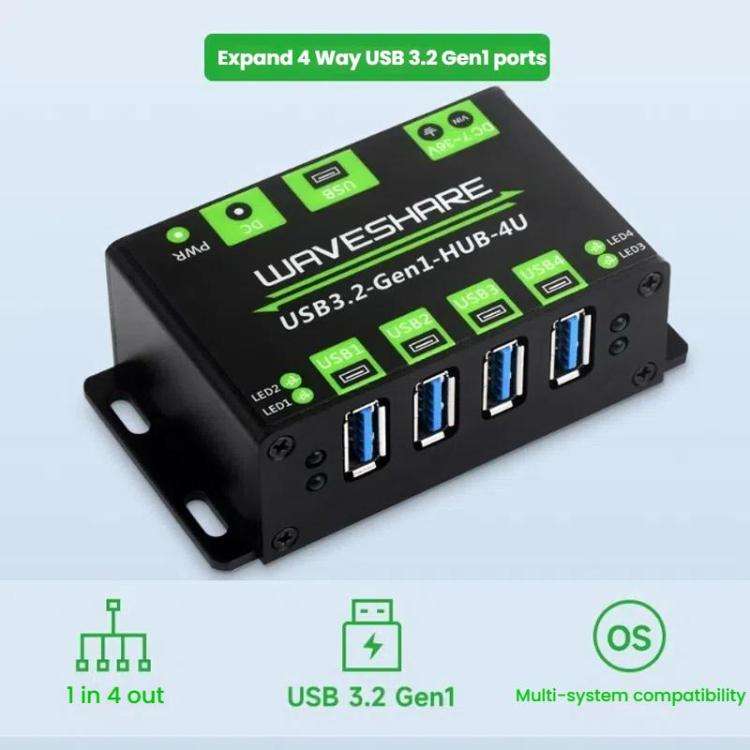 WAVESHARE USB3.2-Gen1-HUB-4U 4 Way USB 3.2 Hub 1 To 4 Metal Case Extender