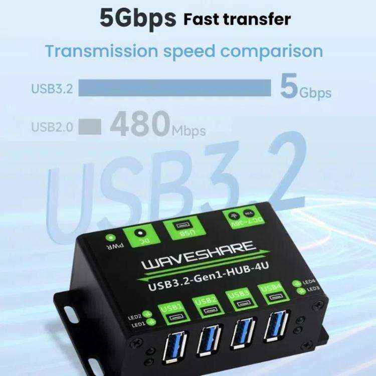 WAVESHARE USB3.2-Gen1-HUB-4U 4 Way USB 3.2 Hub 1 To 4 Metal Case Extender