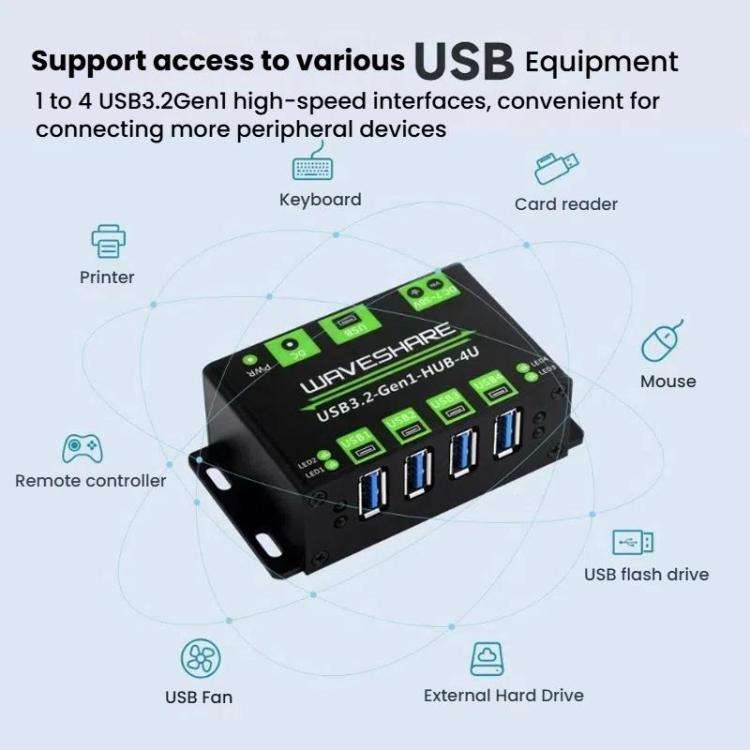 WAVESHARE USB3.2-Gen1-HUB-4U 4 Way USB 3.2 Hub 1 To 4 Metal Case Extender