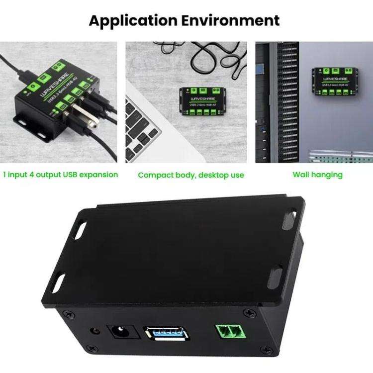 WAVESHARE USB3.2-Gen1-HUB-4U 4 Way USB 3.2 Hub 1 To 4 Metal Case Extender