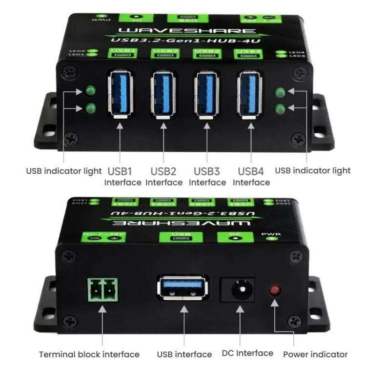 WAVESHARE USB3.2-Gen1-HUB-4U 4 Way USB 3.2 Hub 1 To 4 Metal Case Extender