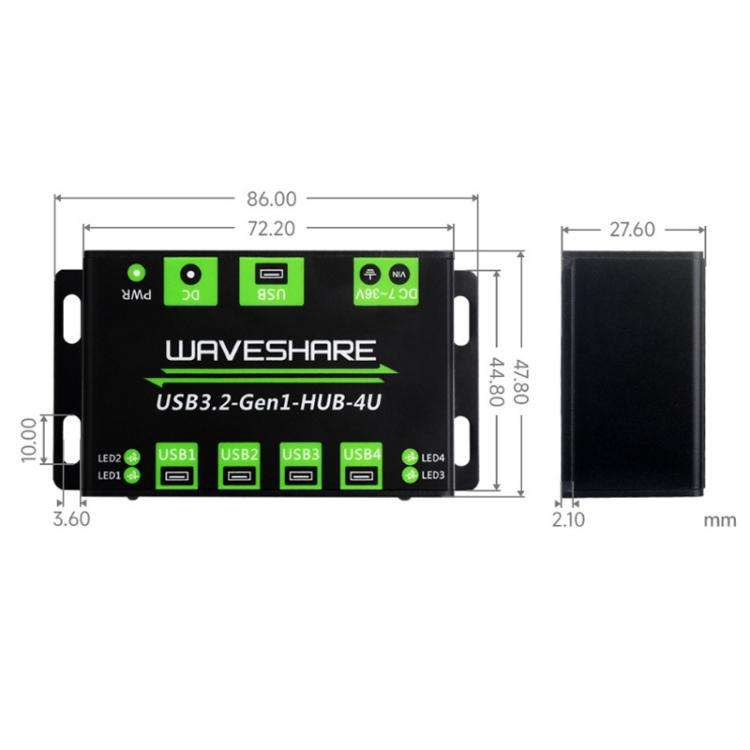 WAVESHARE USB3.2-Gen1-HUB-4U 4 Way USB 3.2 Hub 1 To 4 Metal Case Extender
