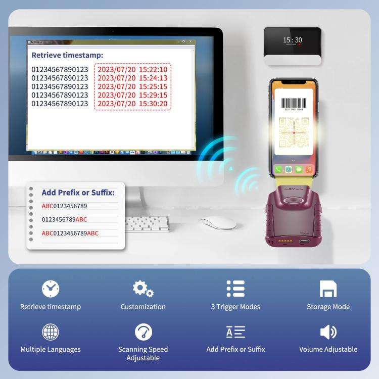 NETUM E950 Cell Phone Back Clip Portable 1/2 Code Wireless Bluetooth Scanner