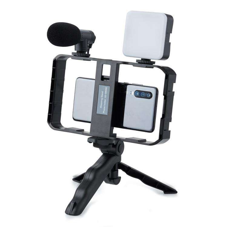 Smartphone Cage Stabilizer with Microphone & LED Fill Light - Anti-Shake Handheld Gimbal for Vlog...