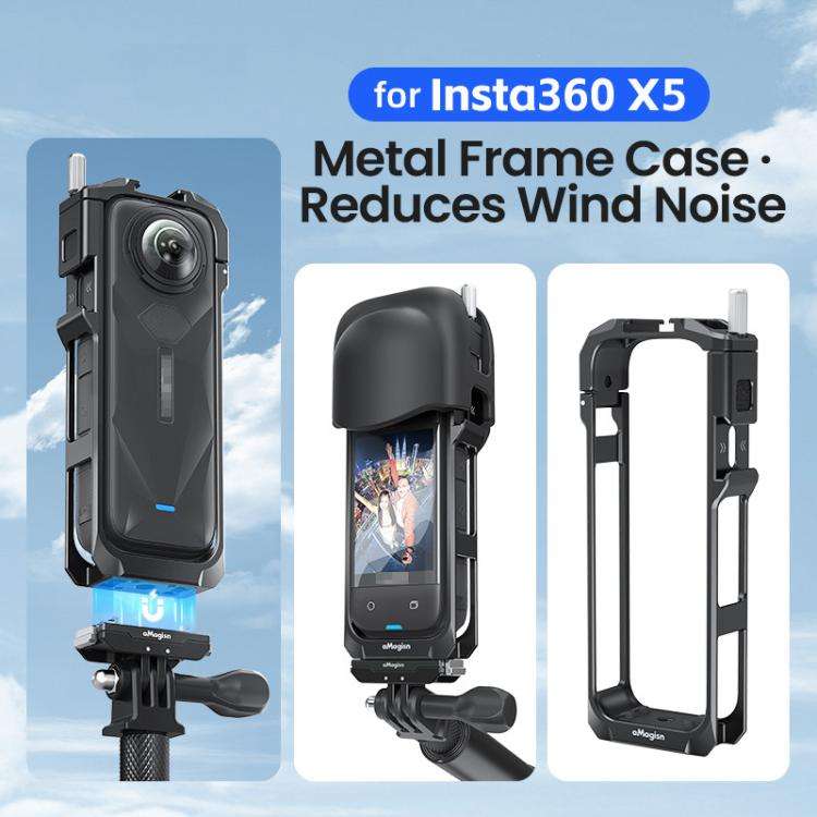 aMagisn Metal Cage for Insta360 X5 Wind Noise Reduction, Shockproof Mount with Dual Cold Shoe(Black)