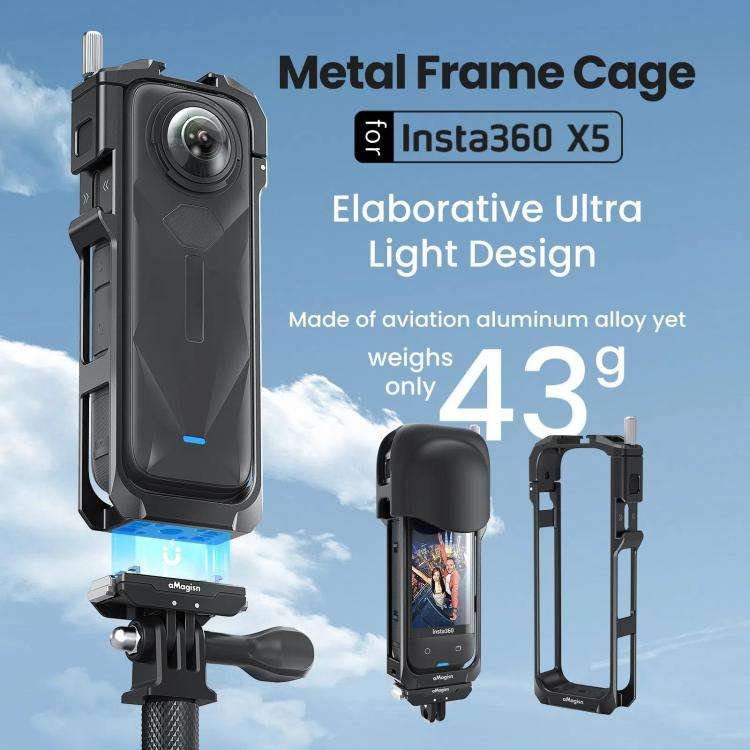 aMagisn Metal Cage for Insta360 X5 Wind Noise Reduction, Shockproof Mount with Dual Cold Shoe(Black)