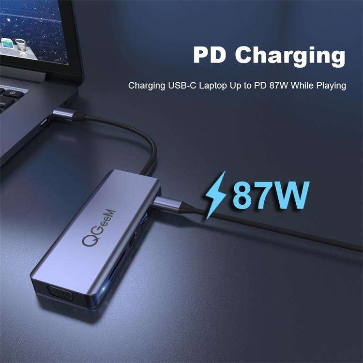 QGeeM 9 In 1 USB-C/Type-C Docking Station Hub VGA+2xHDMI+PD 87W+USB2.0/USB3.0+SD/Micro SD+3.5mm