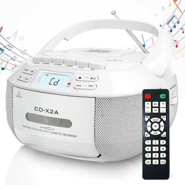 X2A Portable Cassette Player Stereo Bluetooth AM/FM/MP3 Music CD Player Tape Recorder EU Plug(White)