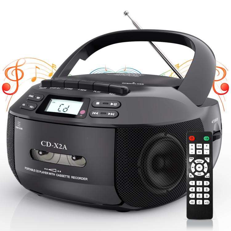 X2A Portable Cassette Player Stereo Bluetooth AM/FM/MP3 Music CD Player Tape Recorder EU Plug(Black)
