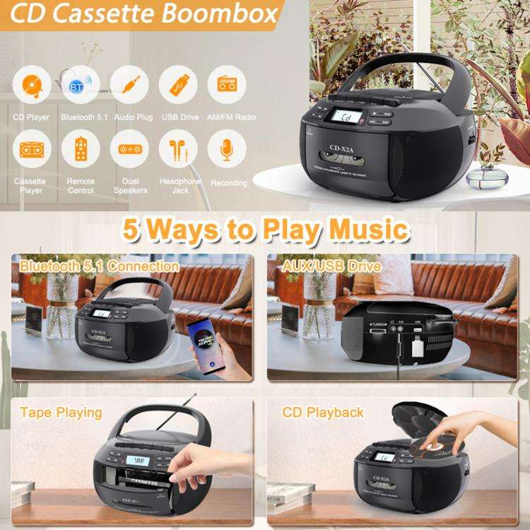 X2A Portable Cassette Player Stereo Bluetooth AM/FM/MP3 Music CD Player Tape Recorder EU Plug(White)